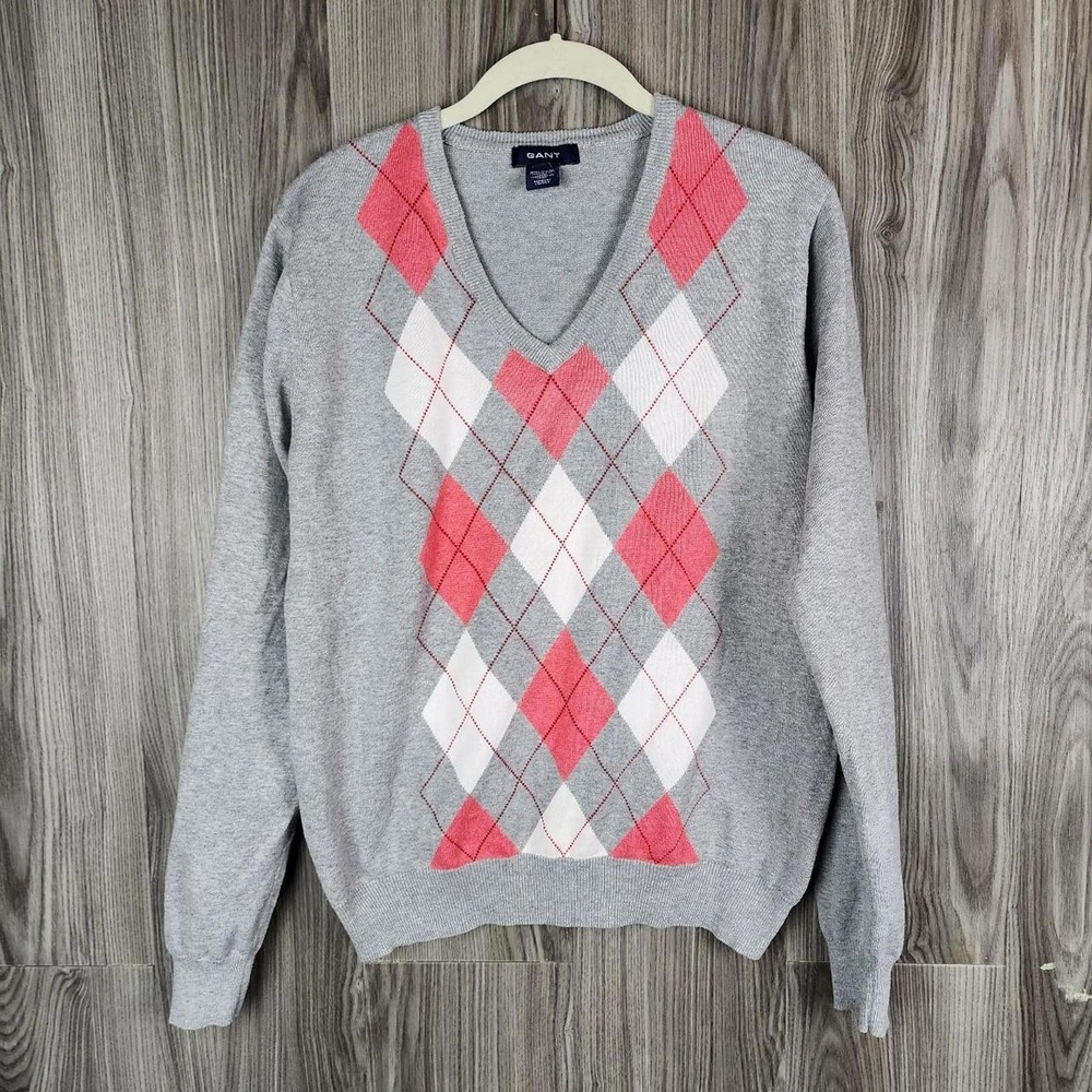 Gant‎ Womens Grey Pink Argyle V-Neck Sweater Size Small Preppy Knit Pullover